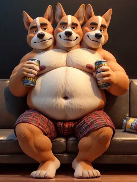 solo, welsh corgi, canine, twins, 60 year old male, ((holding two beer cans in hands)), natural pose, sexy pose, sitting on couch, different facial expressions, tired, bored, annoyed, three identical heads attached to the same body, welsh corgi ears, bald,...