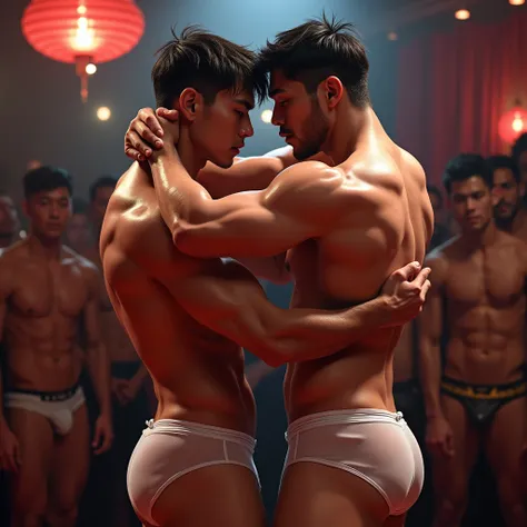 2 muscular men naked wrestle , fully nude, handsome, one asian , one European , sensual, on a strip club, drooling audience, aroused penis, showing penis, transparent outfit, see-through white wet plastic underwear , 