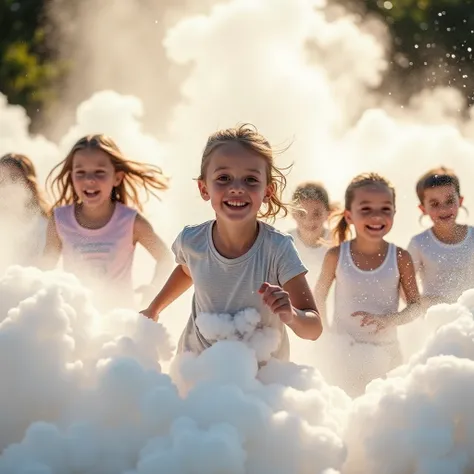 A realistic photo of a group of kids, around 6-, running through a thick cloud of foam created by a foam cannon. The image captures their joyful expressions, with foam bubbles glistening in the sunlight.