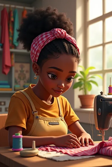 Chubby black girl sewing
