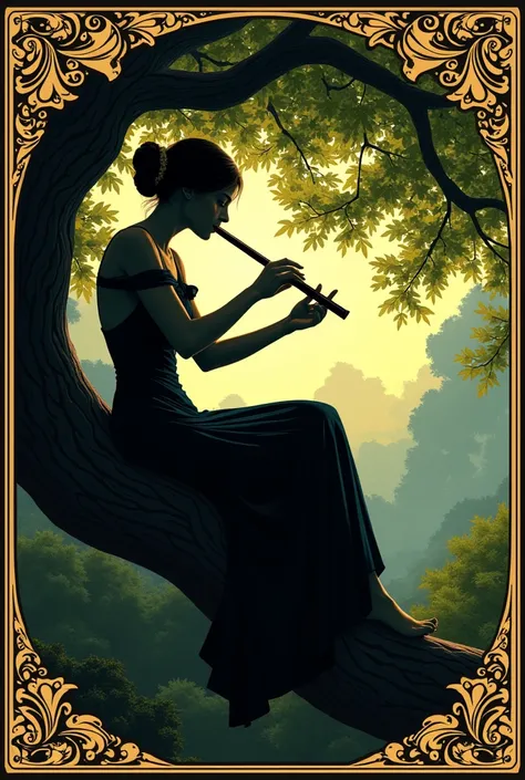 Woman playing the short flute with both hands sitting in a tree, Renaissance style.
Very decorated frame, Mucha Style. Seen as a shadow, logo type. Godiva style
