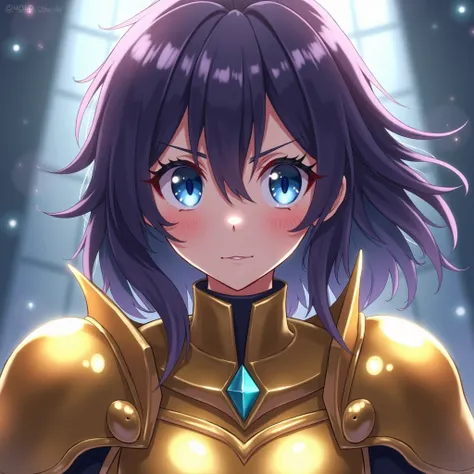 YOU COULD CREATE A CHARACTER WITH ANIME AESTHETICS THAT HAS DARK PURPLE HAIR, A WELL-DEFINED FACE THAT TRANSMITS INNOCENCE, KINDNESS, BRIGHT AND INTERSECURE BLUE EYES, AND GOLDEN ARMOR.