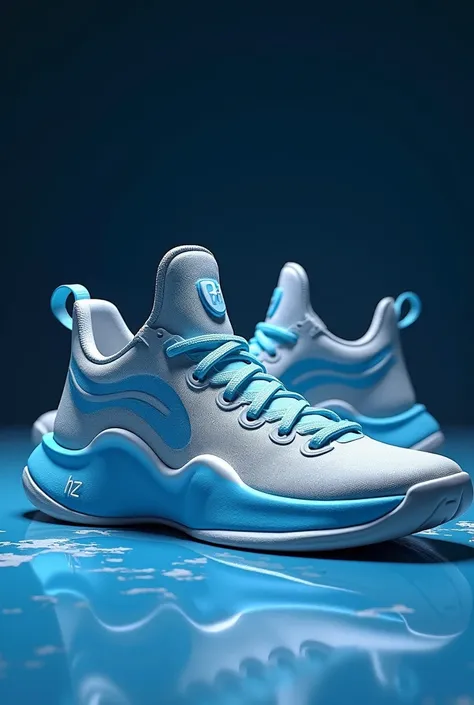 Basketball shoes, put the HZ brand on them, have the best jumping technology and the best materials, have sky blue and gray colors, have a shape inspired by Avatar: The Path of Water 

