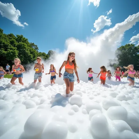 A wide-angle photo of an outdoor foam party, showing kids dancing and playing in a thick layer of foam. The foam cannon is visible in the background, continuously spraying foam, while the bright sky and surrounding greenery create a festive atmosphere.