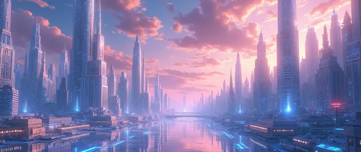 Highly detailed anime-style still images, Ghibli Studio Style, masterpiece, Official Art, Professional, ((Super detailed)), 8k, A sparkling city, crystallization, Reflective surface, Prism light effect