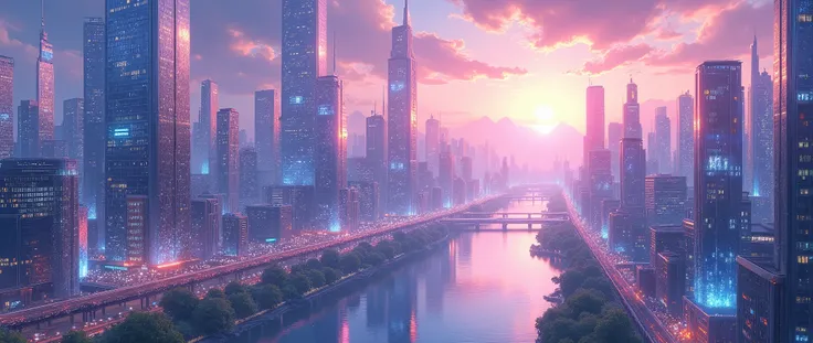 Highly detailed anime-style still images, Ghibli Studio Style, masterpiece, Official Art, Professional, ((Super detailed)), 8k, A sparkling city, crystallization, Reflective surface, Prism light effect