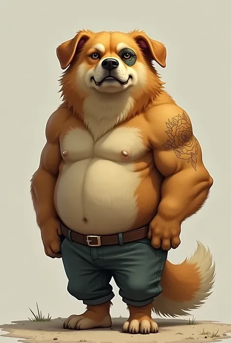 Make a blonde furry mutt dog, with ears lowered, he is a little muscular, he only wears simple pants, he has a wind rose tattoo inside his replacement eye, since he lost his eye 