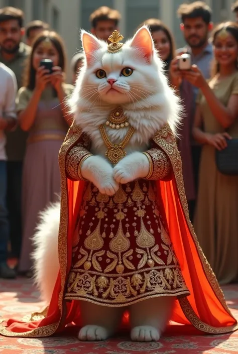 "A white Persian cat walks gracefully on two legs, dressed in an elaborate Indian bridal lehenga, adorned with intricate gold embroidery and matching traditional jewelry. The cat has long, beautifully styled hair under a red and gold dupatta draped elegant...