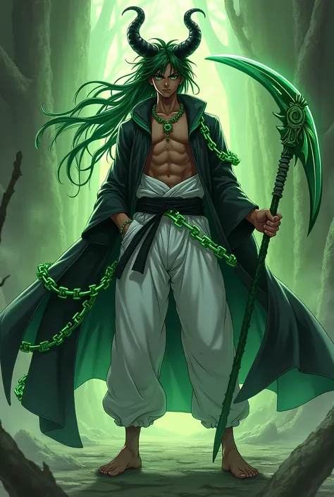 anime boy (dark fantasy) with green dreads, green eyes, brown skin, black horns and a black cloak and white martial arts pants with green chains around him as he holds a green scythe (full body)