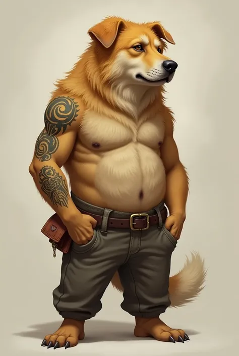 Make a blonde furry mutt dog, with ears lowered, he is a little muscular, he only wears simple pants, he has a wind rose tattoo inside his replacement eye, since he lost his eye 