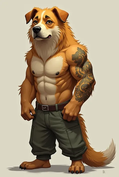 Make a blonde furry mutt dog, with ears lowered, he is a little muscular, he only wears simple pants, he has a wind rose tattoo inside his replacement eye, since he lost his eye 