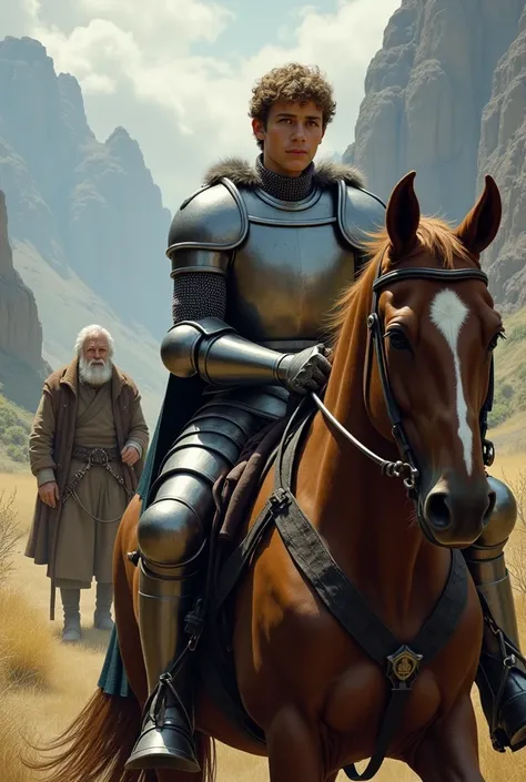 a young knight on his horse goes to war, and a very old man looks at him tiredly