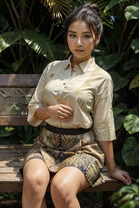 A beautiful young Indonesian woman with a slightly plump face with black hair in a bun wearing a light brown kebaya and  Indonesian batik skirt, sitting on a wooden bench in a lush tropical garden with a backdrop of palm trees and other green plants