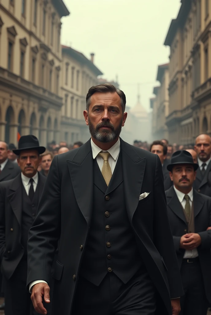 "The assassination of Archduke Franz Ferdinand, early 20th century, Franz Ferdinand in formal attire, in a crowded street in Sarajevo, a tense moment as the fatal shot is fired, historic buildings and onlookers in the background, hyper-realistic, photo rea...