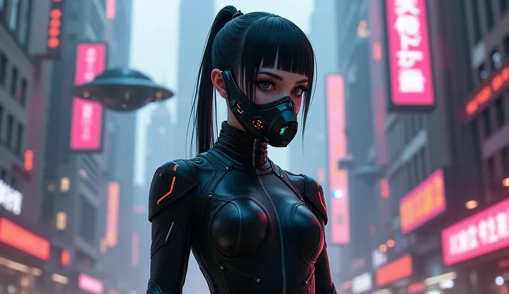 make me an oc with black hair bus mask tight clothes and cyberpunk futuristic style