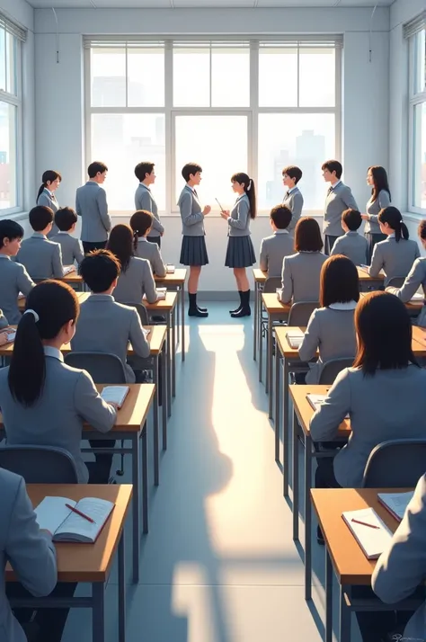 Group of students in a white classroom, with grey uniform