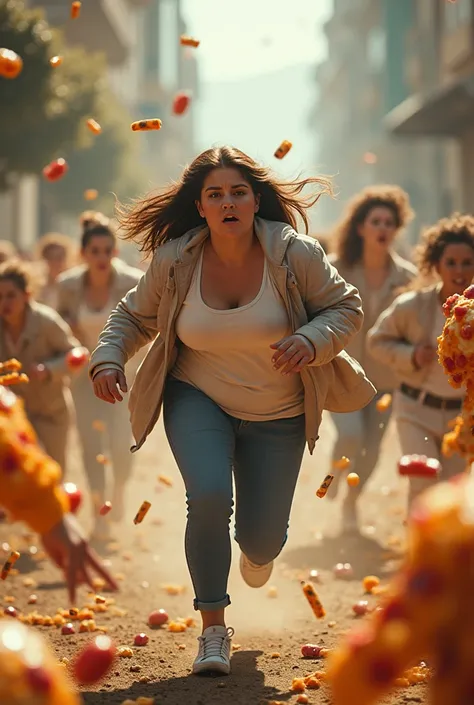 Slightly overweight woman running while being chased by snacks, pizzas, sweets and fatty foods.