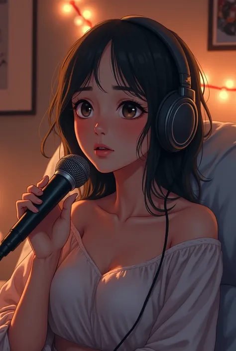 A girl listning romantic song in alone room and microphone in her ears
