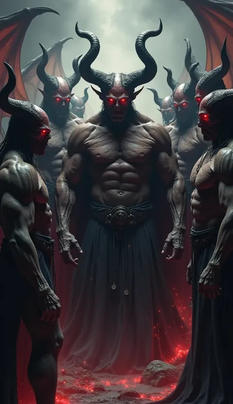 Demons gather around the demon king, Satan. Their eyes are red and terrifying, and they have muscles.  