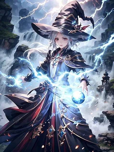 (masterpiece), best quality, Very detailed, A Magus girl with white hair holdding a magical，Electric magic，electrical arcs，lightning， Witch Hat, Ruffled skirt, Red and black clothing, Holding a magic wand, Magic lights, 