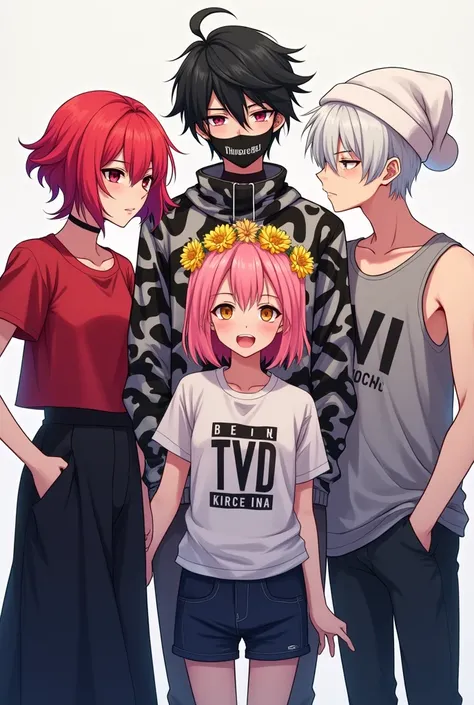 2 girls and 2 guys in anime character in 1 frame

1 girl dress up as emo red hair with red shirt and black long skirt 

another 1 girl dress up as pink hair girl with yellow flowers crown and kpops TWICE merch

another 1 guy dress up as emo black hair,have...