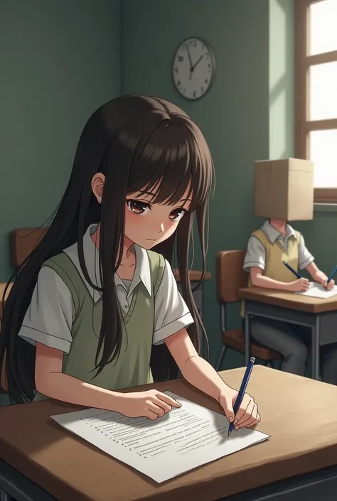 A girl sitting with her back turned with long hair taking a written test while a square headed girl sitting in a chair behind her chair. 