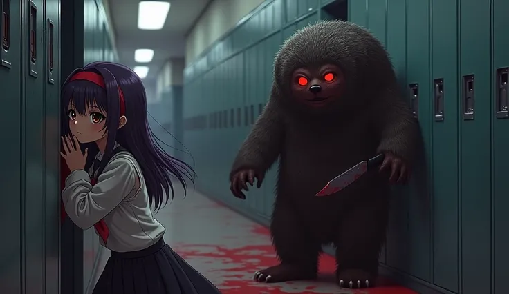 May ((a school girl with long dark purple hair that reaches her mid-back. She always wears a red headband. She has brown eyes. She wears a long-sleeved shirt and a black skirt.)) hid in a locker and The Mole mascot ((A terrifying mole mascot costume, cover...