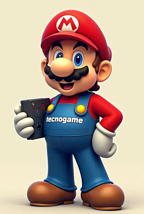 Super Mario Bros wearing clothes with the word &quot;tecnogame&quot; written on them Holding a Nintendo in his hand 