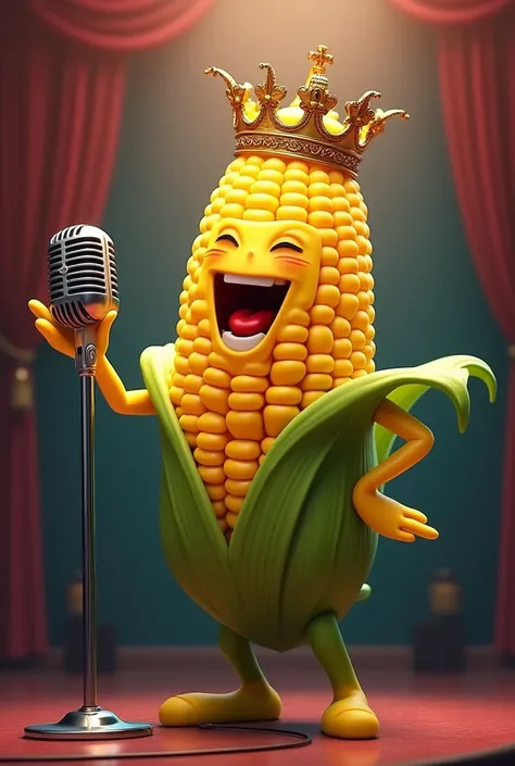 A corncob with a crown singing with a microphone 