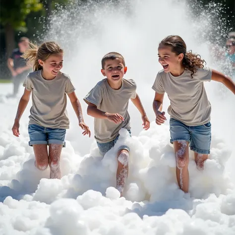 A realistic photo of kids, aged 6-8, laughing and running through thick soap foam from a cannon, wearing shorts and t-shirts soaked from the wet foam. Their clothes cling slightly to their bodies, and the foam bubbles glisten in the sunlight.