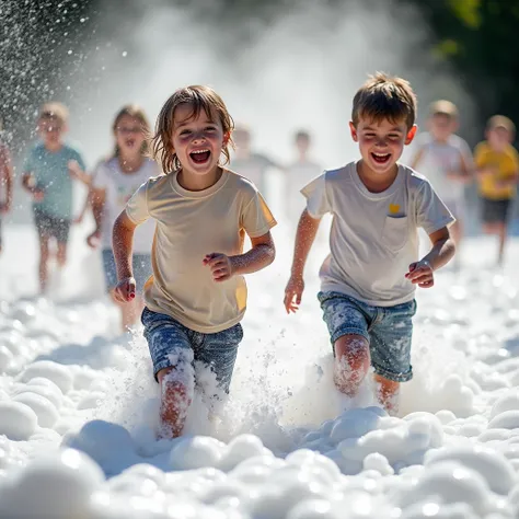 A realistic photo of kids, aged 6-8, laughing and running through thick soap foam from a cannon, wearing shorts and t-shirts soaked from the wet foam. Their clothes cling slightly to their bodies, and the foam bubbles glisten in the sunlight.