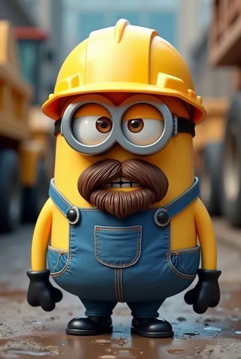 A bearded minion standing sideways wearing a bright yellow work helmet and blue striped uniform and a communication radio 