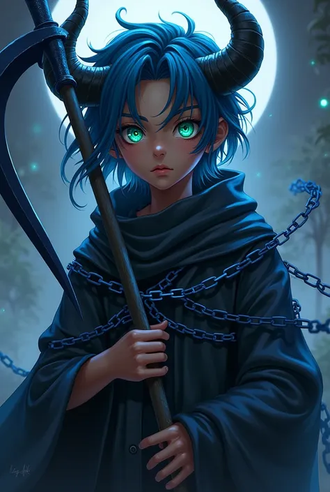 anime boy (dark fantasy) with blue dreads, green eyes, brown skin, black horns and a black cloak with blue chains around him as he holds a blue scythe (full body)