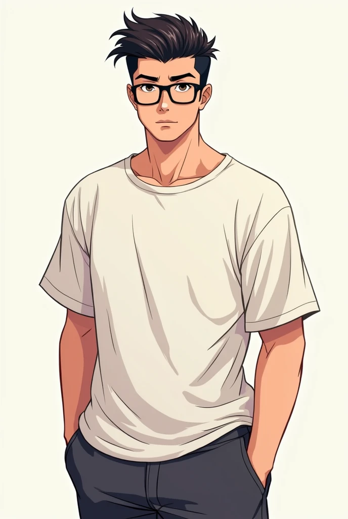 Cartoon ish , square glasses , guy , short hair , mid fade haircut , anime style , big tshirts , short pants , male , sexy , handsome