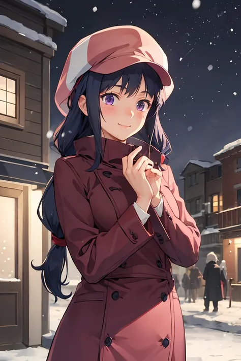 (masterpiece, best quality, 4k, detailed, intricate, realistic),outside,snowing,night sky,1girl,mihoshi, long hair, blue hair, cabbie hat, purple peacoat, long sleeves,blushing,slight smile, 