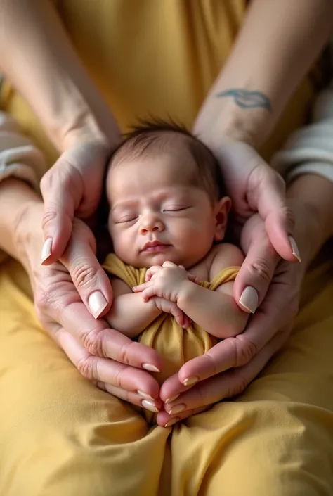 Photo of grandma&#39;s hands, mother and baby on top of a yellow linen dress.