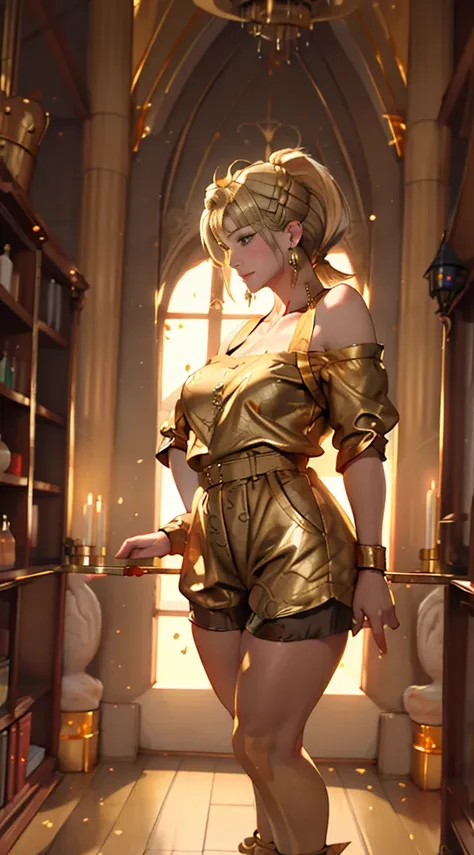 ((high detailed, best quality, 4k, masterpiece, hd:1.3)), ((best quality)), (((HD))), (((8k))), (ultraDH), (ultra HD), Queen Marika the Eternal, standing T-pose, bare feet, long ponytail golden blonde hair, golden colored eyes, small breasts, wearing Elden...