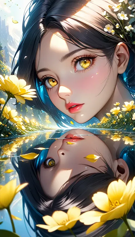 Rape flower landscape, bright canvas, The petals are fluttering, Transparent holographic reflection, A surreal landscape made of flower petals, Leaves viewers speechless, A beautiful world, 1 Uzbek woman, detailed eyes, Yellow eyes, detailed lips, very det...