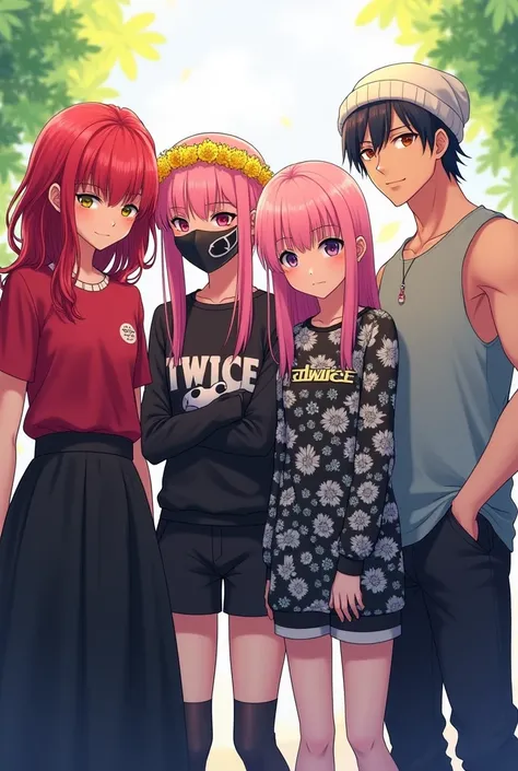 2 girls and 2 guys in anime character in 1 frame

1 girl dress up as emo red hair with red shirt and black long skirt 

another 1 girl dress up as pink hair girl with yellow flowers crown and kpops TWICE merch

another 1 guy dress up as emo black hair,have...