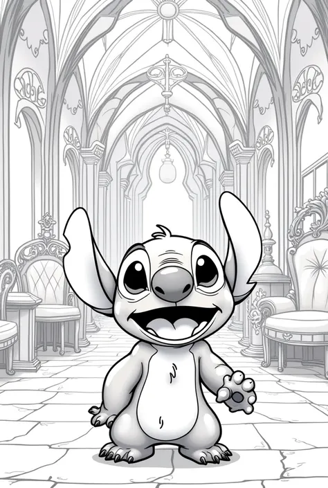 create a black and white image to color of disney stitch in your castle