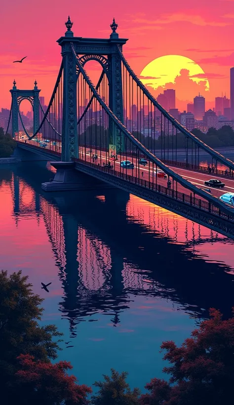 when sunset is coming, Oberbaum Bridge berlin with beautiful view, with the big bridge - far bird view, rendered with detailed comic cartoon style, neon lights, miami vice vibes
