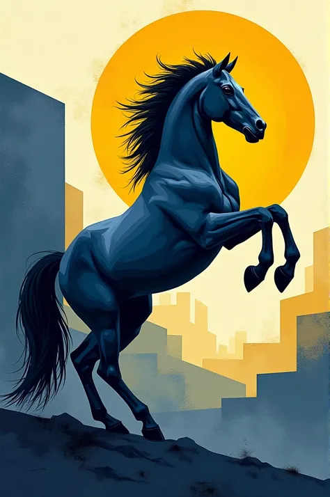 Create a painting of a horse jumping in geometrical shapes. Colour should be navy blue and yelloe