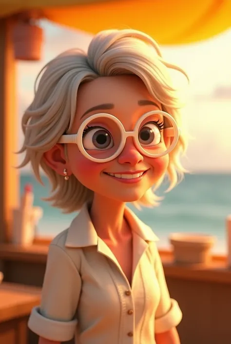 Imagem estilo pixar com 3D personagem offwhite óculos mulher mais velha loira, offwhite, loose hair, plano americano, Disney makeup, fisherman, cute, smiling ,close up, pixar, Disney, Cinema lighting,