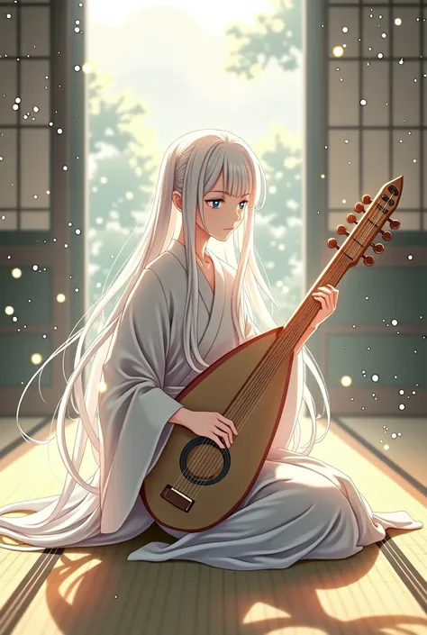 young, androgynous, long white hair, She is wearing a simple kimono, sitting seiza on the tatami floor, toca un guzheng, anime style