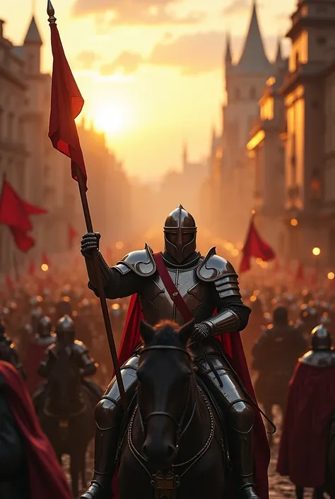 the knight returns from the war victorious and conquering, cheered by the crowd at dusk in the great city