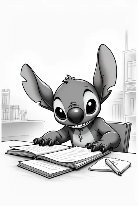 create a black and white image to color disney stitch at school studying