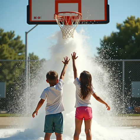 A photorealistic shot of a boy and girl, aged 7 and 9, standing directly under the basketball goal as the soap foam cascades down from the cannon. Their wet clothes and hair glisten in the sunlight, and they are reaching up, trying to catch the falling foa...