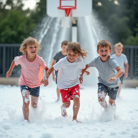 A dynamic photo of several kids, aged 6-12, playing and running through thick soap foam that is cascading from a cannon attached to a basketball goal. The scene captures their joyful expressions, with their wet t-shirts and shorts clinging to their bodies,...