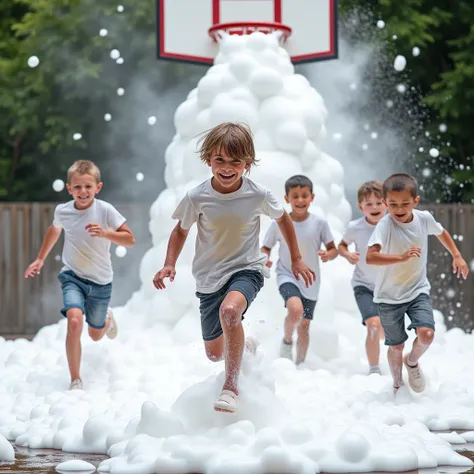 A dynamic photo of several kids, aged 6-12, playing and running through thick soap foam that is cascading from a cannon attached to a basketball goal. The scene captures their joyful expressions, with their wet t-shirts and shorts clinging to their bodies,...