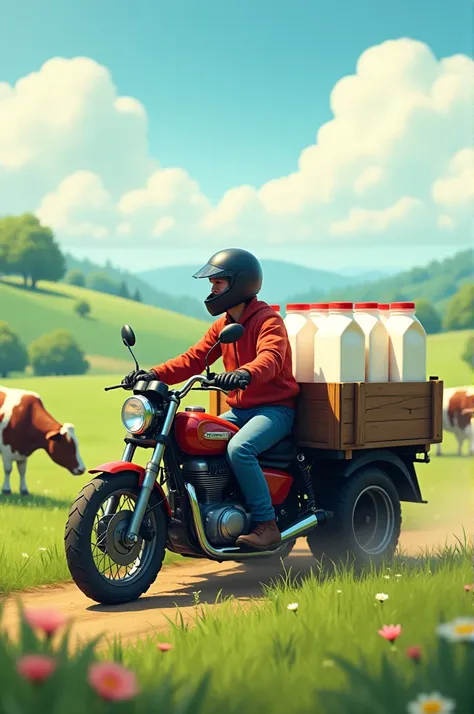 I need the image of a motorcycle cargo truck with milk containers, the environment that is in a pasture and cows around